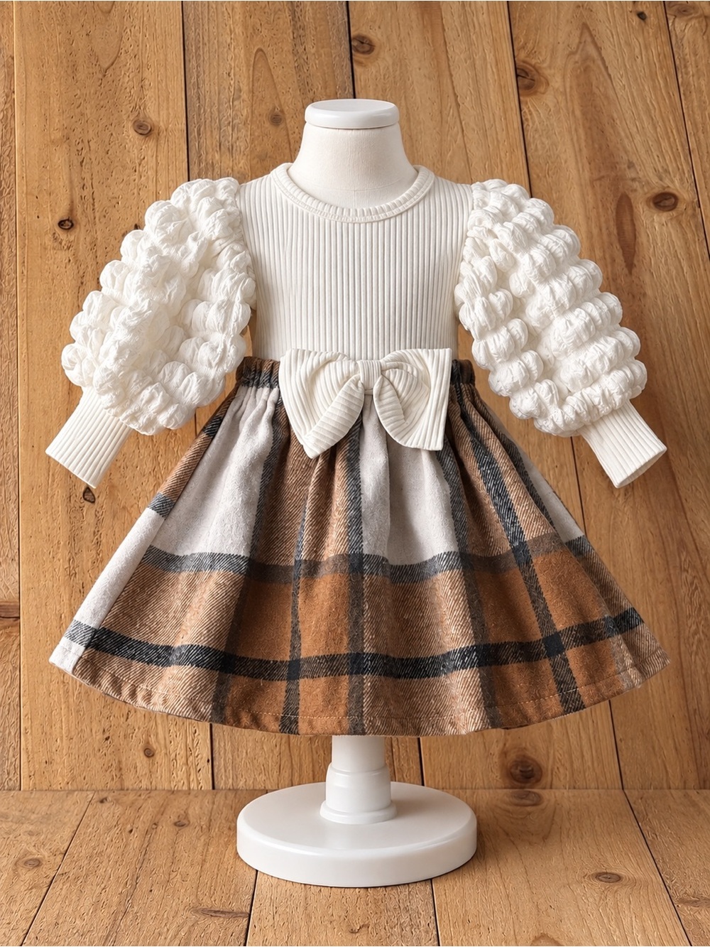 Girls Cream Puff-Sleeve Bow Plaid Dress 6-12M